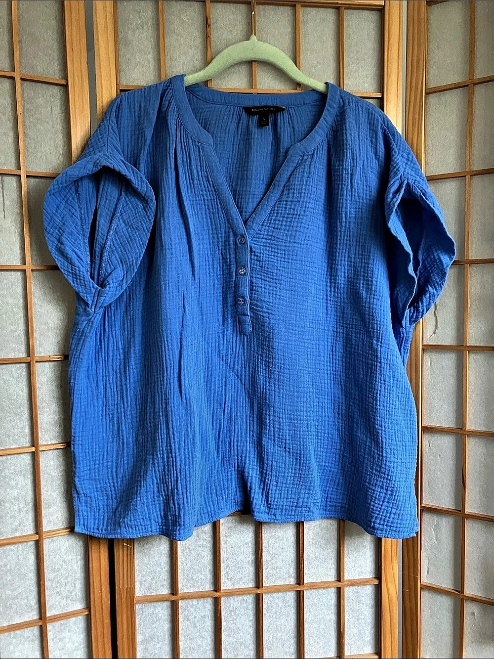 BR 100% Cotton Textured Short Sleeve Blouse in Dreamy Blue Front Button Closure